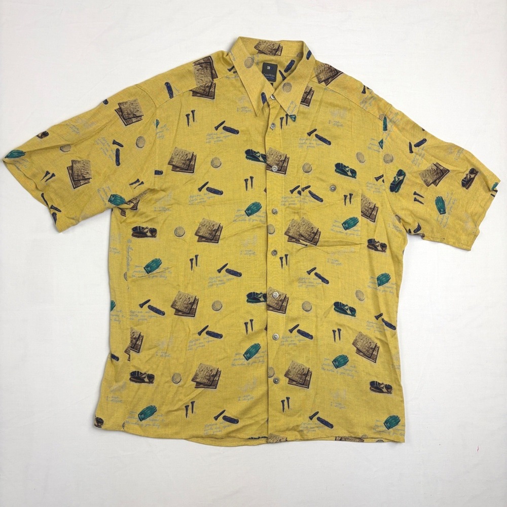 Casa Moda Mens XL Yellow Golf Print Viscose Short Sleeve Button Down Shirt